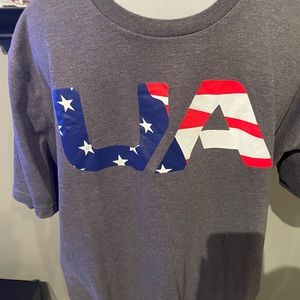 GreyUnder Armour shirt with red white and blue logo